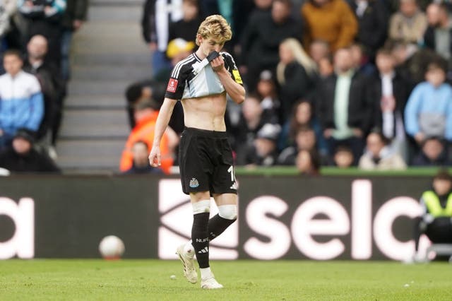 <p>Anthony Gordon will miss the Carabao Cup final after being sent off (Owen Humphreys/PA)</p>