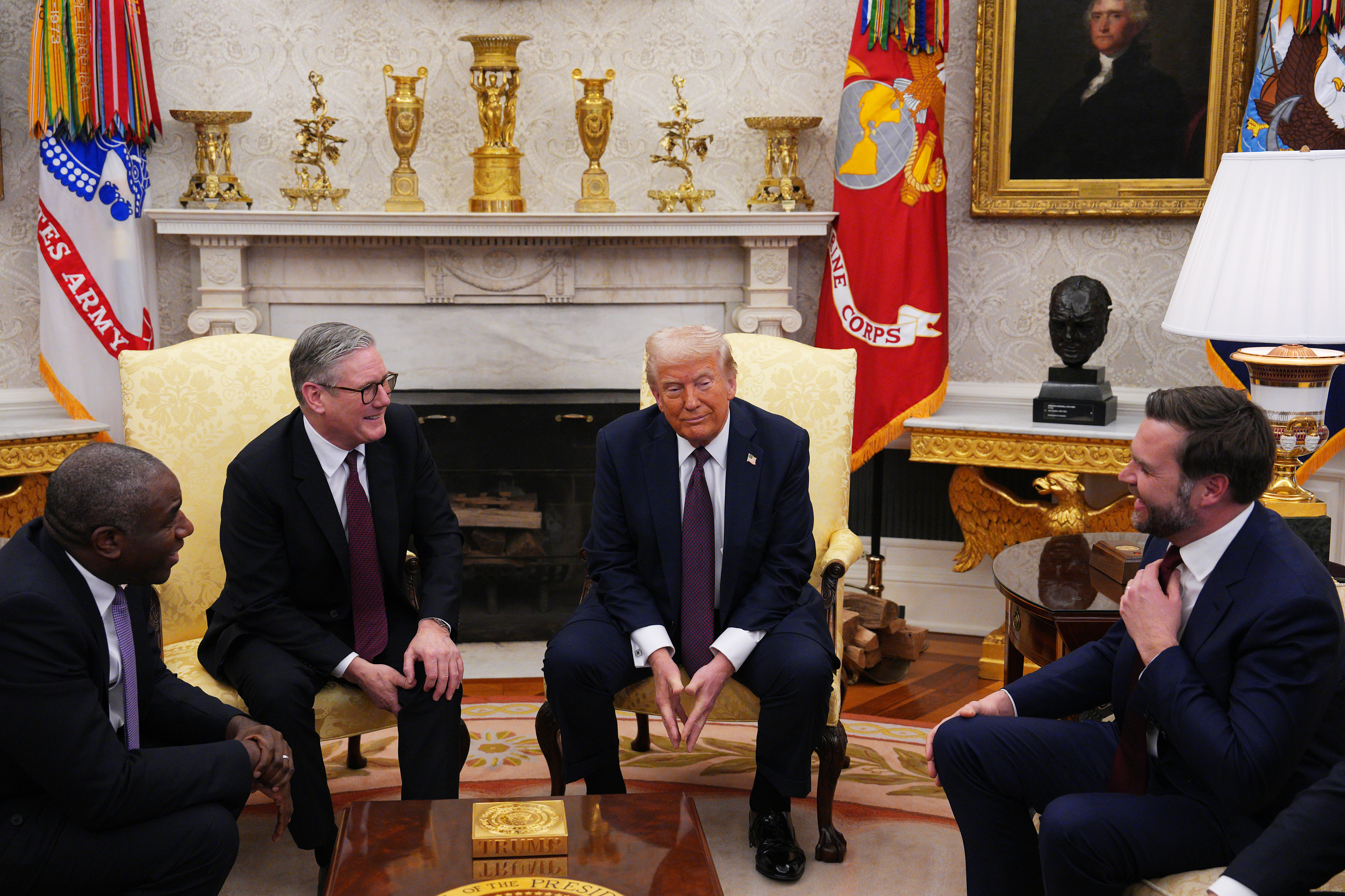 <p>US president Donald Trump and US vice-president JD Vance meeting prime minister Keir Starmer and his foreign secretary David Lammy in the Oval Office</p>