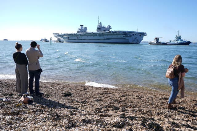 <p>Royal Navy aircraft carrier HMS Prince of Wales sets sail from Portsmouth</p>