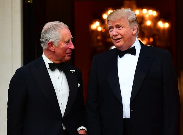 <p>Charles, then the Prince of Wales is greeted by US President Donald Trump (Victoria Jones/PA)</p>