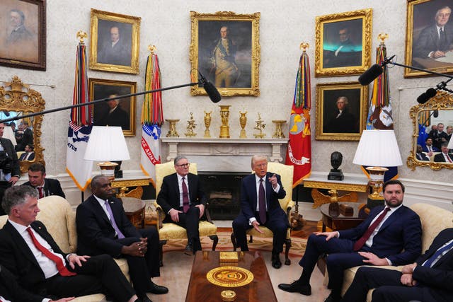 <p>US president Donald Trump meeting UK prime minister Sir Keir Starmer, alongside US vice president JD Vance and foreign secretary David Lammy, in the Oval Office</p>