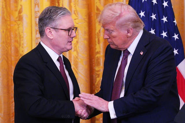 <p>US President Donald Trump (right) and Prime Minister Sir Keir Starmer held a joint press conference in the East Room at the White House (Carl Court/PA)</p>