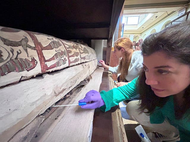 <p>University College of London lecturer Dr Cecilia Bembibre, foreground, and Emma Paolin, a PhD researcher at University of Ljubljana, take swabs from a mummy</p>