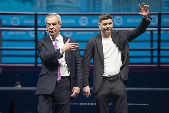 <p>Reform UK leader Nigel Farage (left) with the party’s mayoral candidate for Hull, Luke Campbell MBE (Danny Lawson/PA)</p>