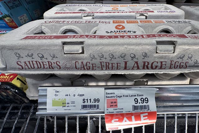 <p>Egg cartons for sale are displayed at a grocery store in Michigan. Some people are offering eggs for sale on Facebook marketplace as shortages are reported across the nation</p>