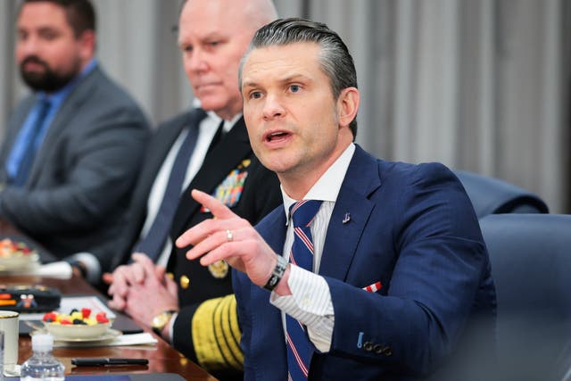 <p>U.S. Secretary of Defense Pete Hegseth speaks during a meeting with Saudi Minister of Defense Khalid bin Salman at the Pentagon on February 24, 2025 in Arlington, Virginia</p>