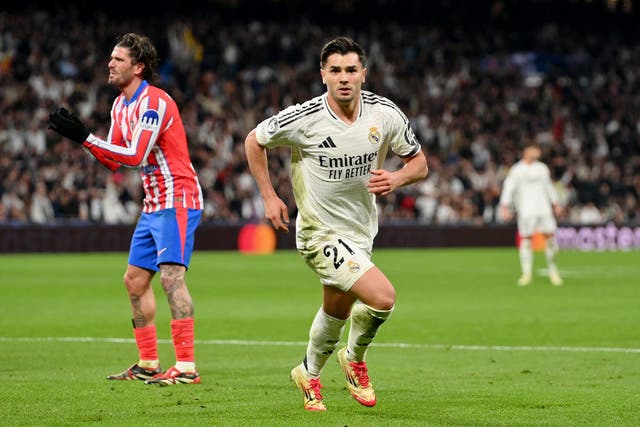 <p>Brahim Diaz celebrates his Madrid derby winner</p>