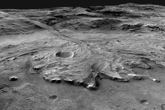 <p>This image made available by NASA shows the Jezero Crater area on the planet Mars</p>