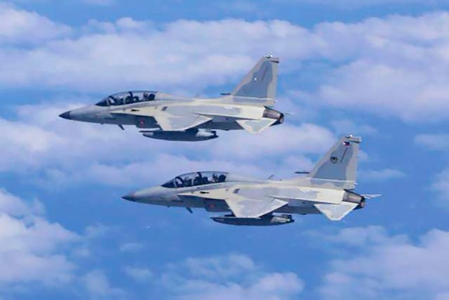 <p>File. Philippine Air Force FA-50 jets fly during a joint patrol and training session with the US over the South China Sea on 4 February 2025</p>