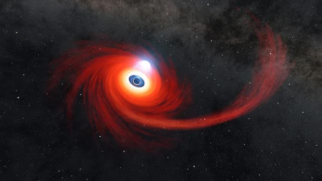 <p>A disk of hot gas swirls around a black hole in this illustration. The stream of gas stretching to the right is what remains of a star that was pulled apart by the black hole. A cloud of hot plasma (gas atoms with their electrons stripped away) above the black hole is known as a corona.</p>