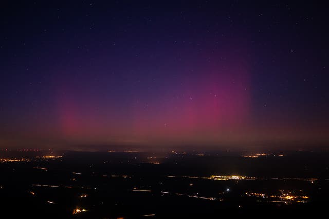 <p>File. Picture taken from the southeastern France village of La Roquebrussanne shows aurora borealis on 1 January 2025</p>