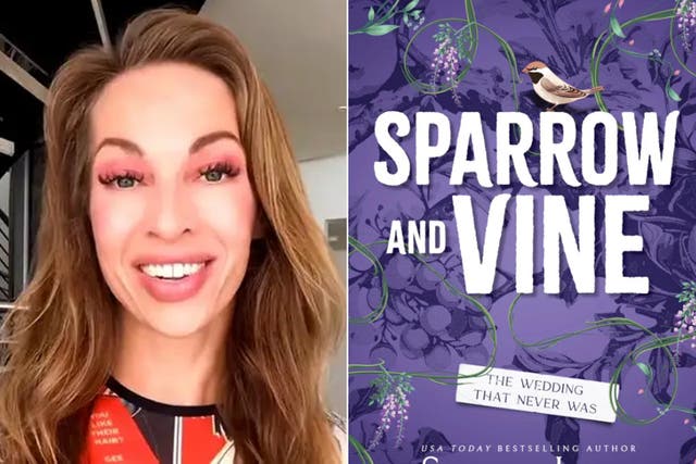 <p>Sophie Lark and the cover of her book Sparrow and Vine, which has now been pulled after social media backlash given her comments about Elon Musk in the book</p>